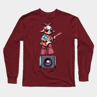 Groovy 70s Guitar-Playing Goat - Colorful Cartoon Vector Art Long Sleeve T-Shirt